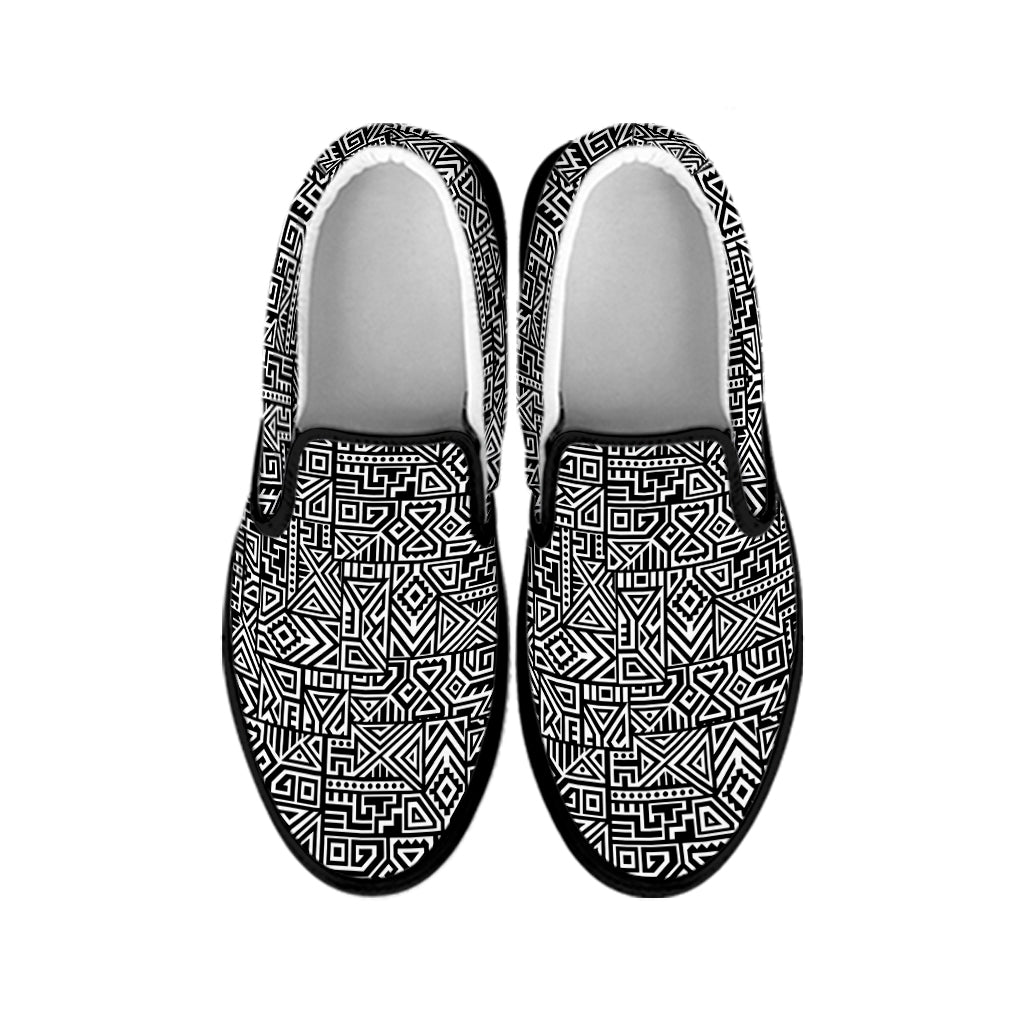 Black And White Geometric African Print Black Slip On Shoes