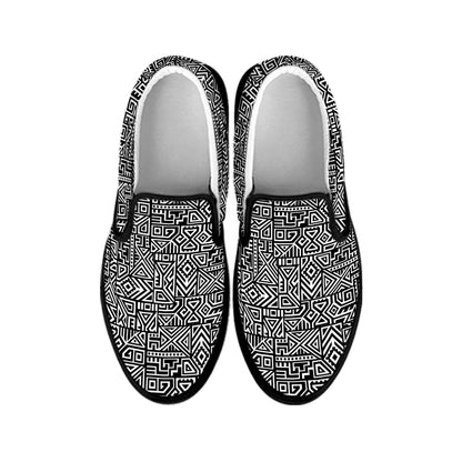 Black And White Geometric African Print Black Slip On Shoes