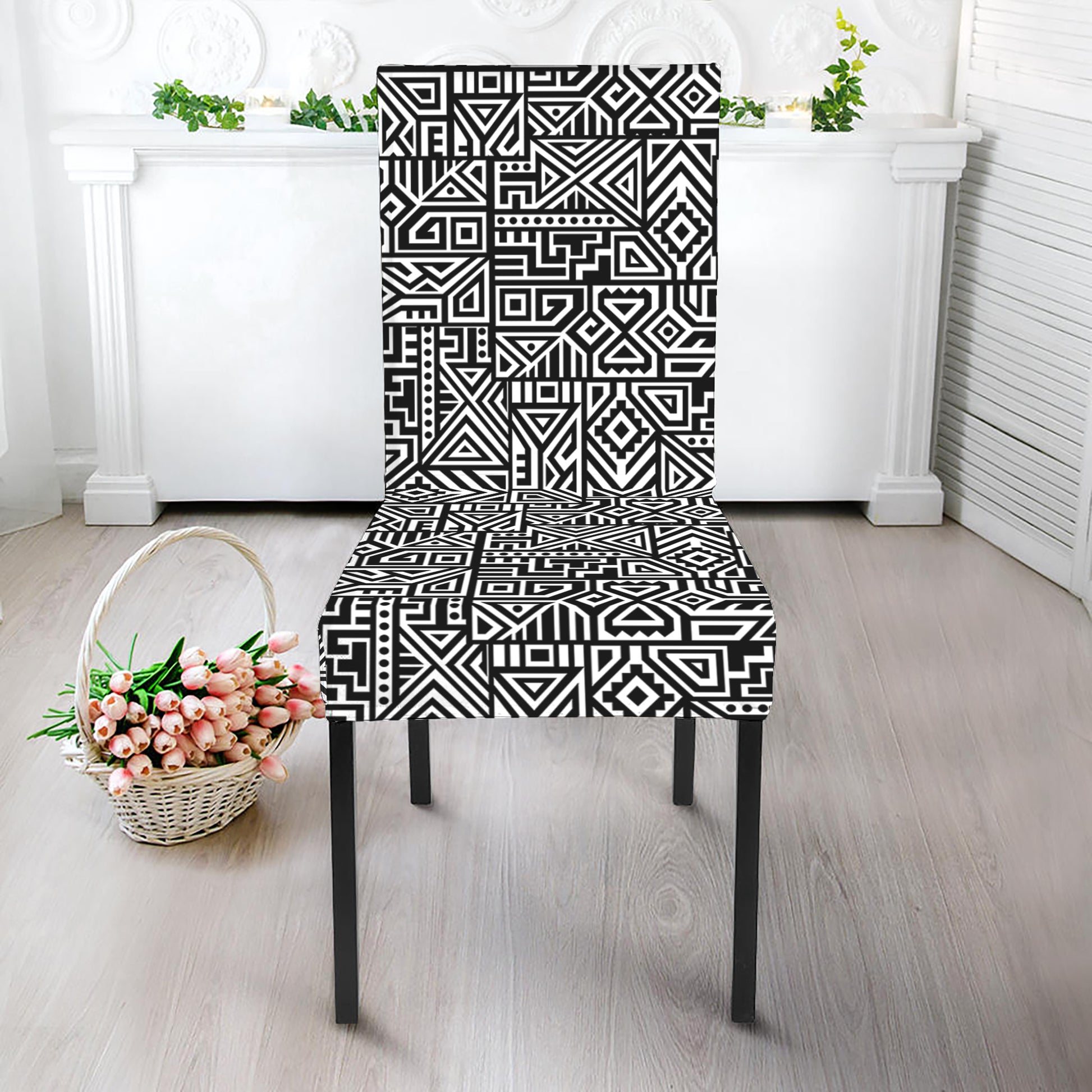 Black And White Geometric African Print Dining Chair Slipcover