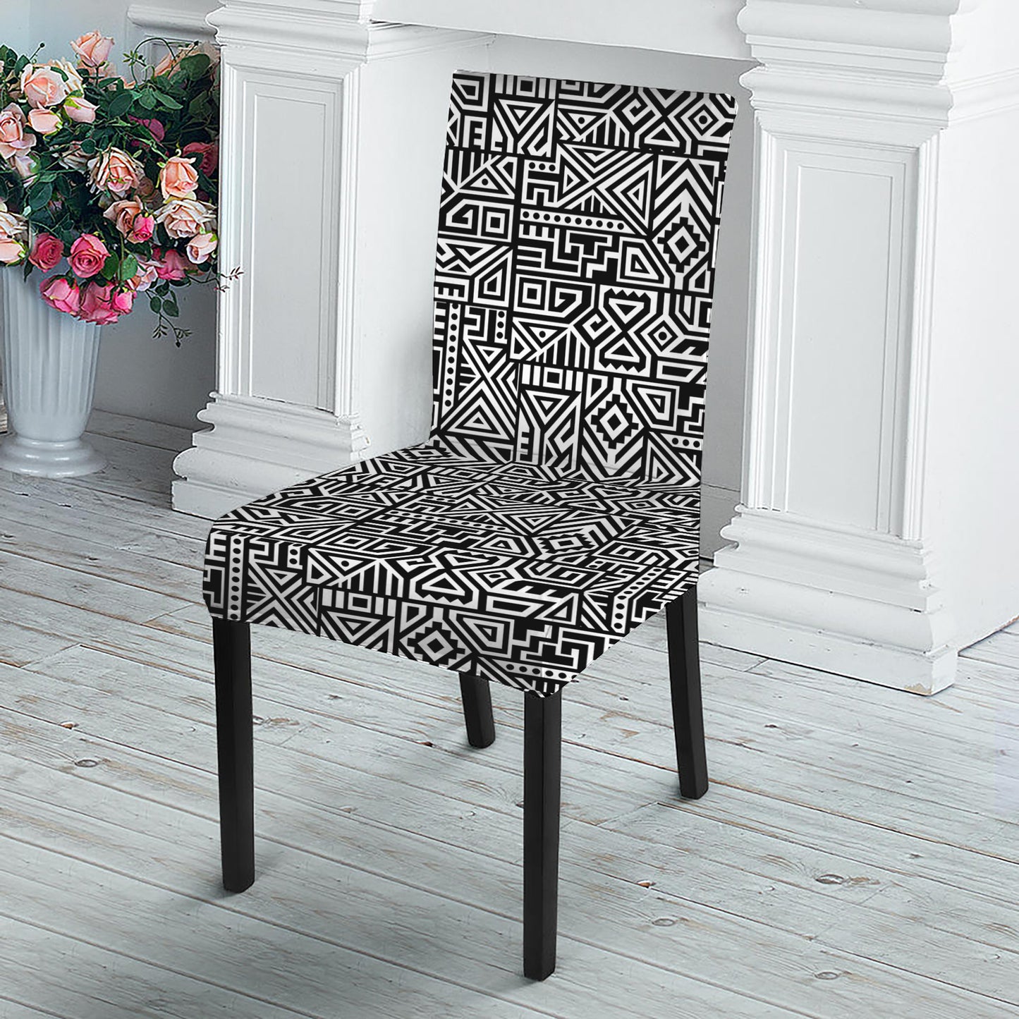 Black And White Geometric African Print Dining Chair Slipcover