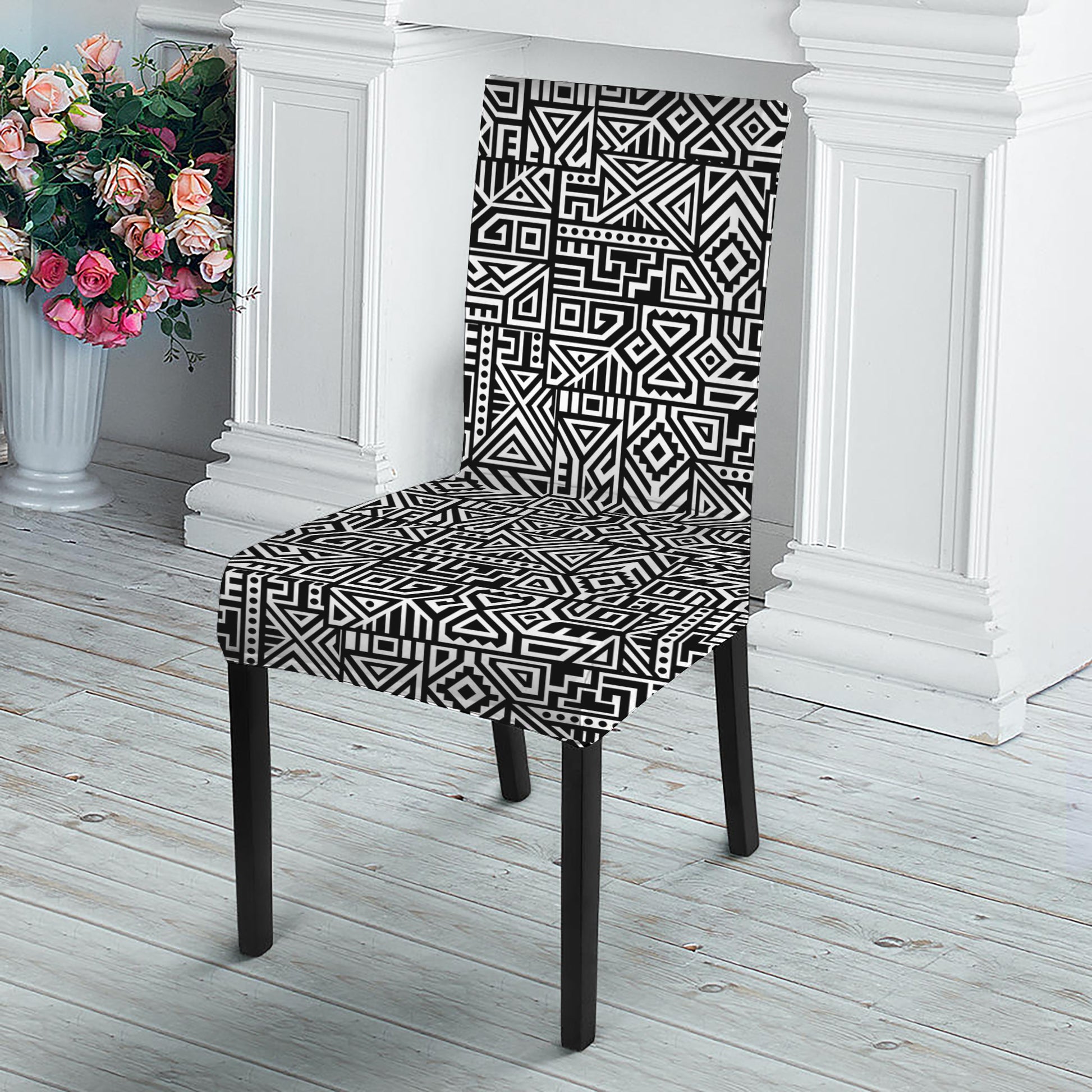 Black And White Geometric African Print Dining Chair Slipcover