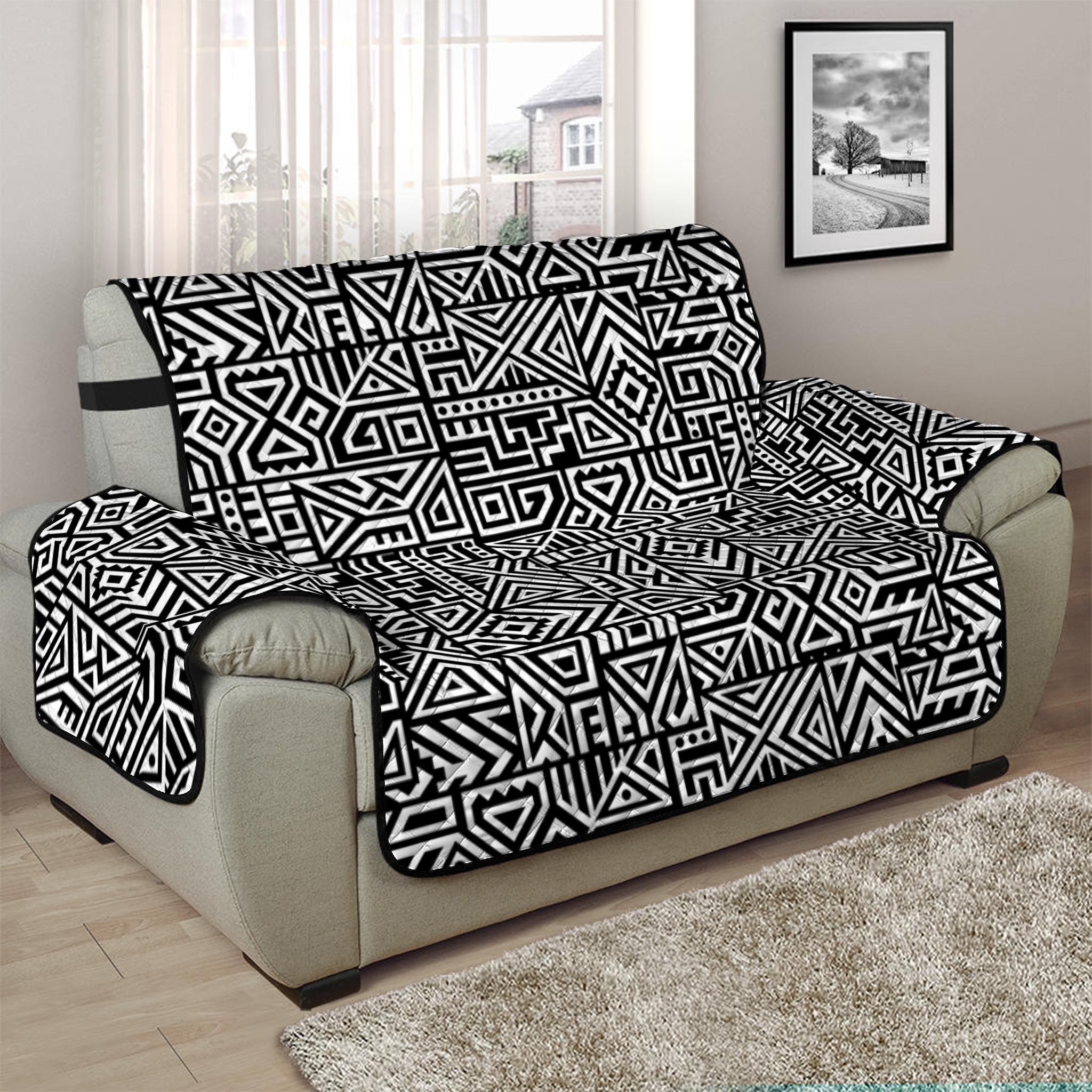 Black And White Geometric African Print Half Sofa Protector