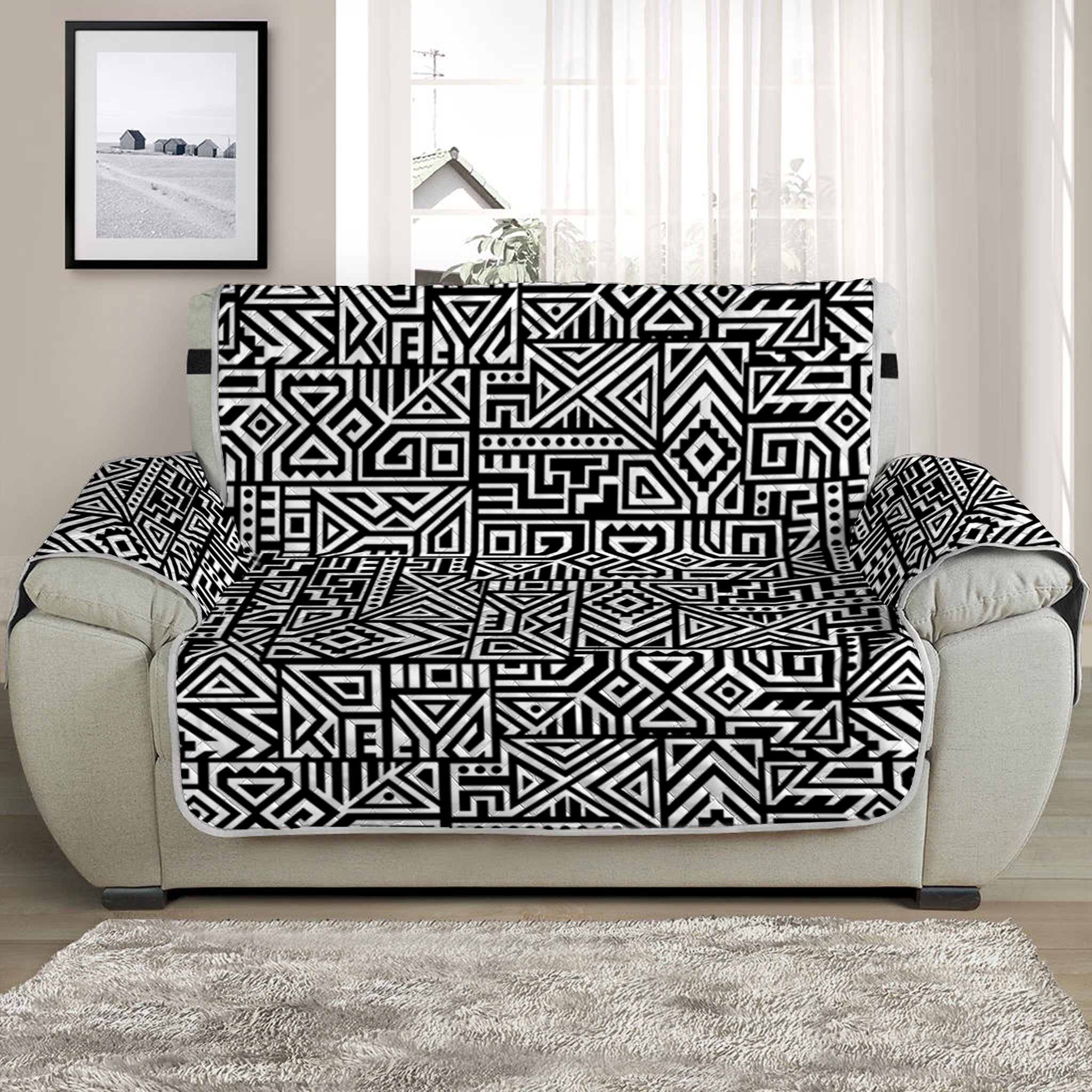 Black And White Geometric African Print Half Sofa Protector