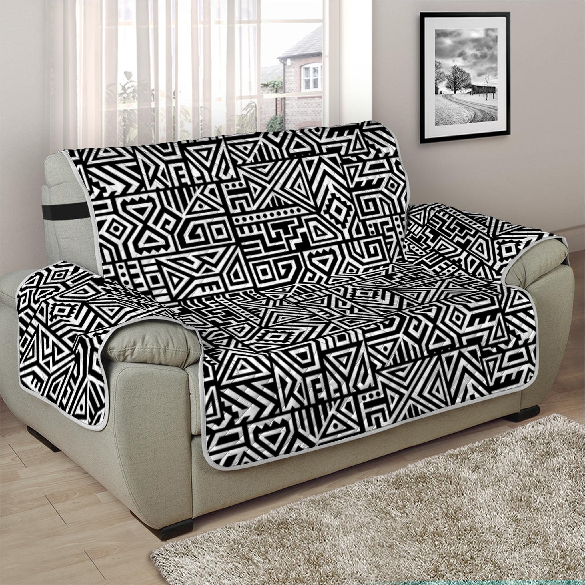 Black And White Geometric African Print Half Sofa Protector