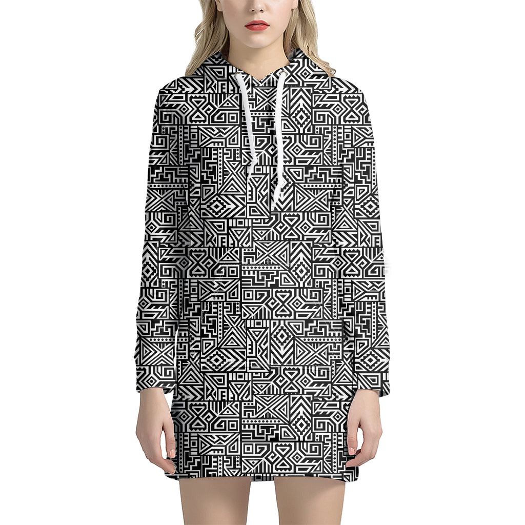 Black And White Geometric African Print Hoodie Dress