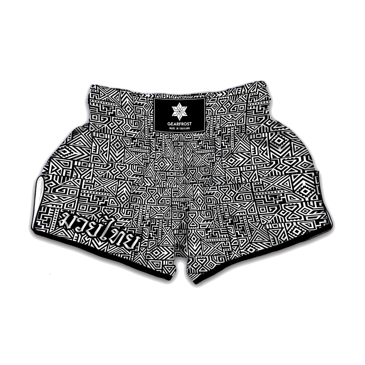 Black And White Geometric African Print Muay Thai Boxing Shorts