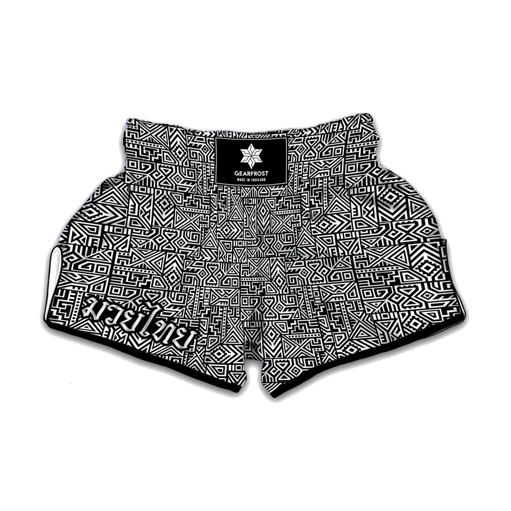 Black And White Geometric African Print Muay Thai Boxing Shorts