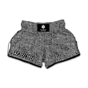 Black And White Geometric African Print Muay Thai Boxing Shorts