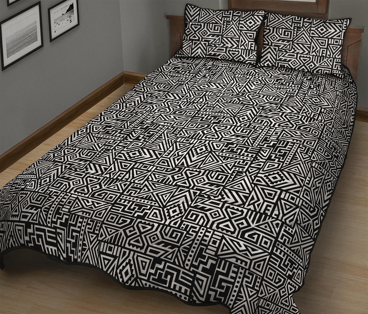Black And White Geometric African Print Quilt Bed Set