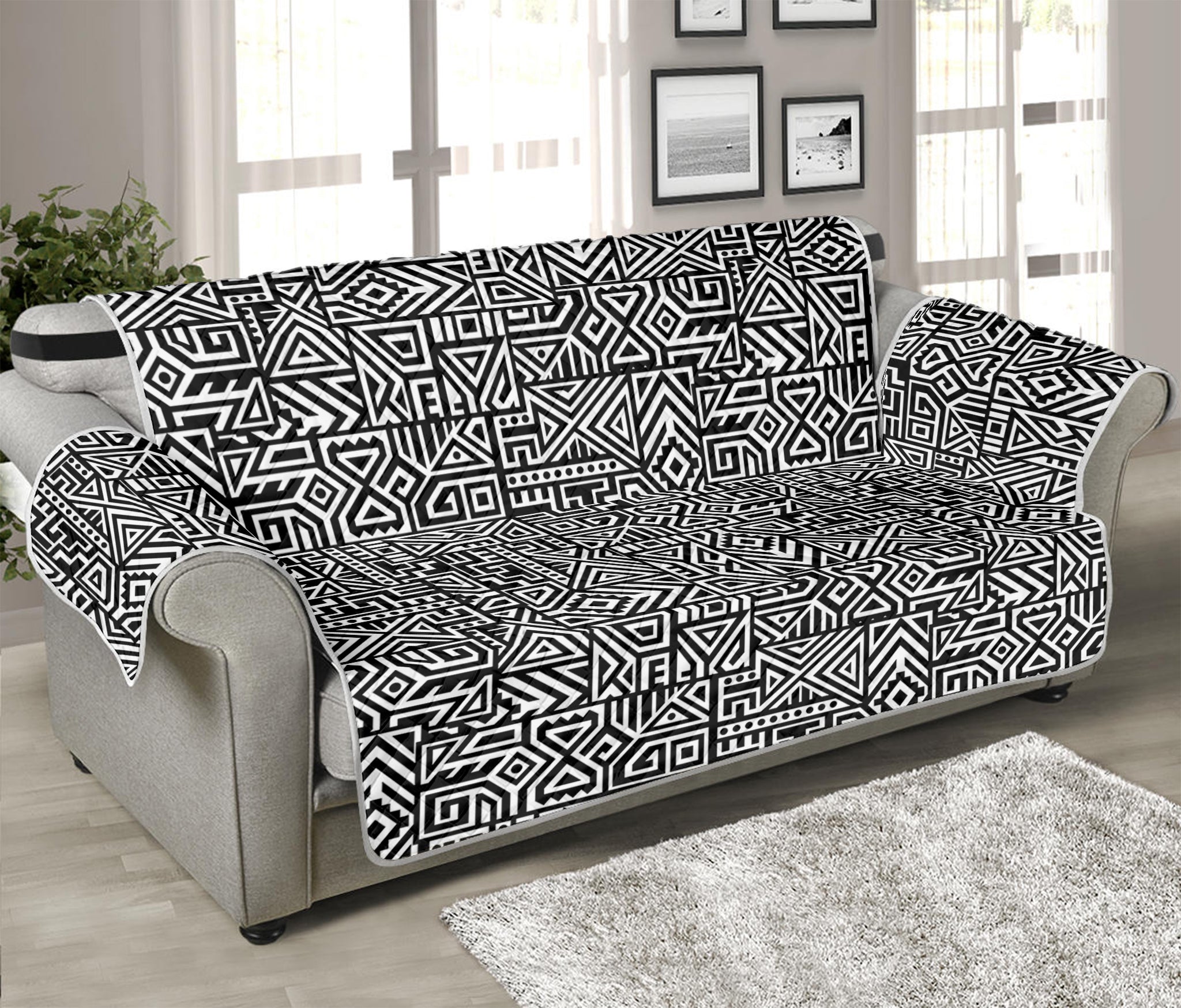 Black And White Geometric African Print Sofa Protector