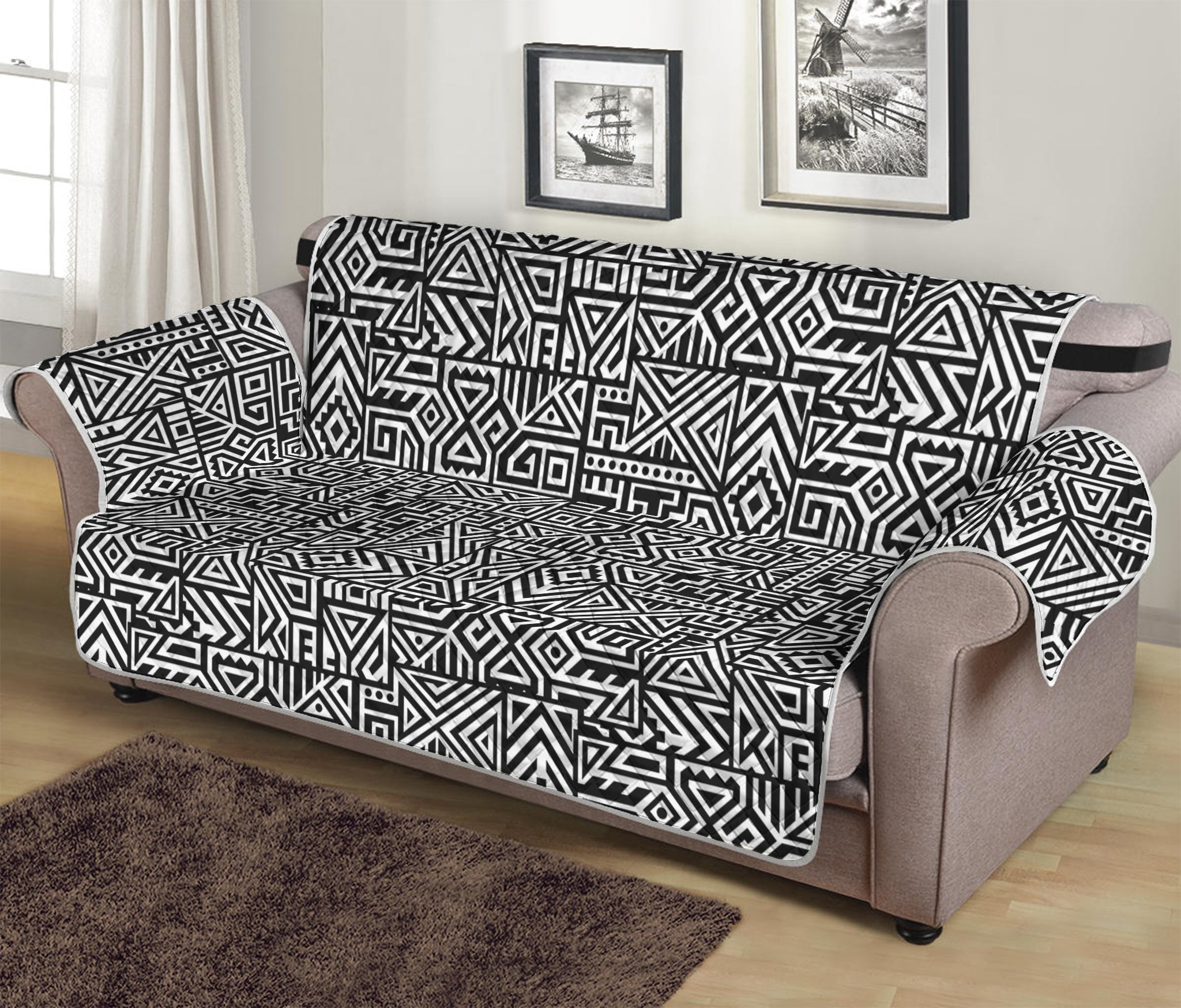 Black And White Geometric African Print Sofa Protector