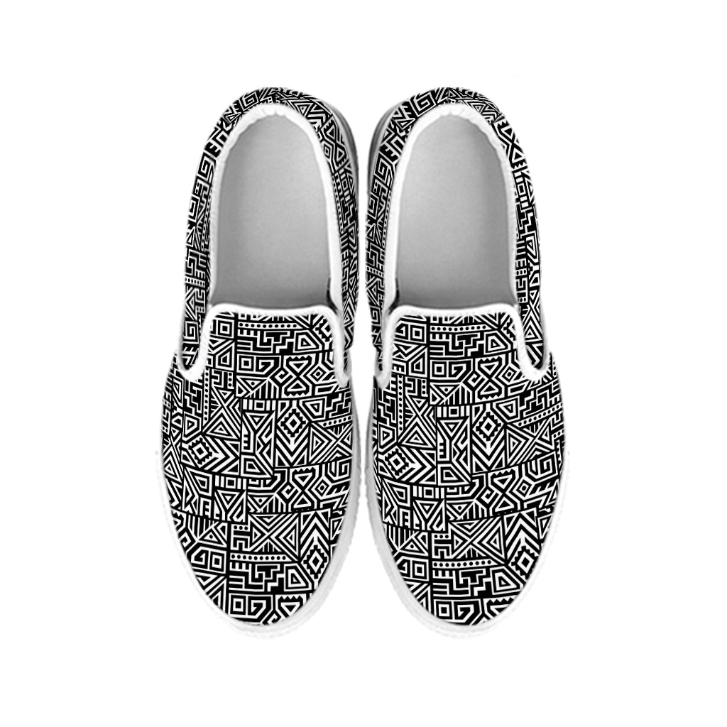 Black And White Geometric African Print White Slip On Shoes