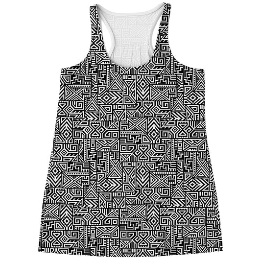 Black And White Geometric African Print Women's Racerback Tank Top