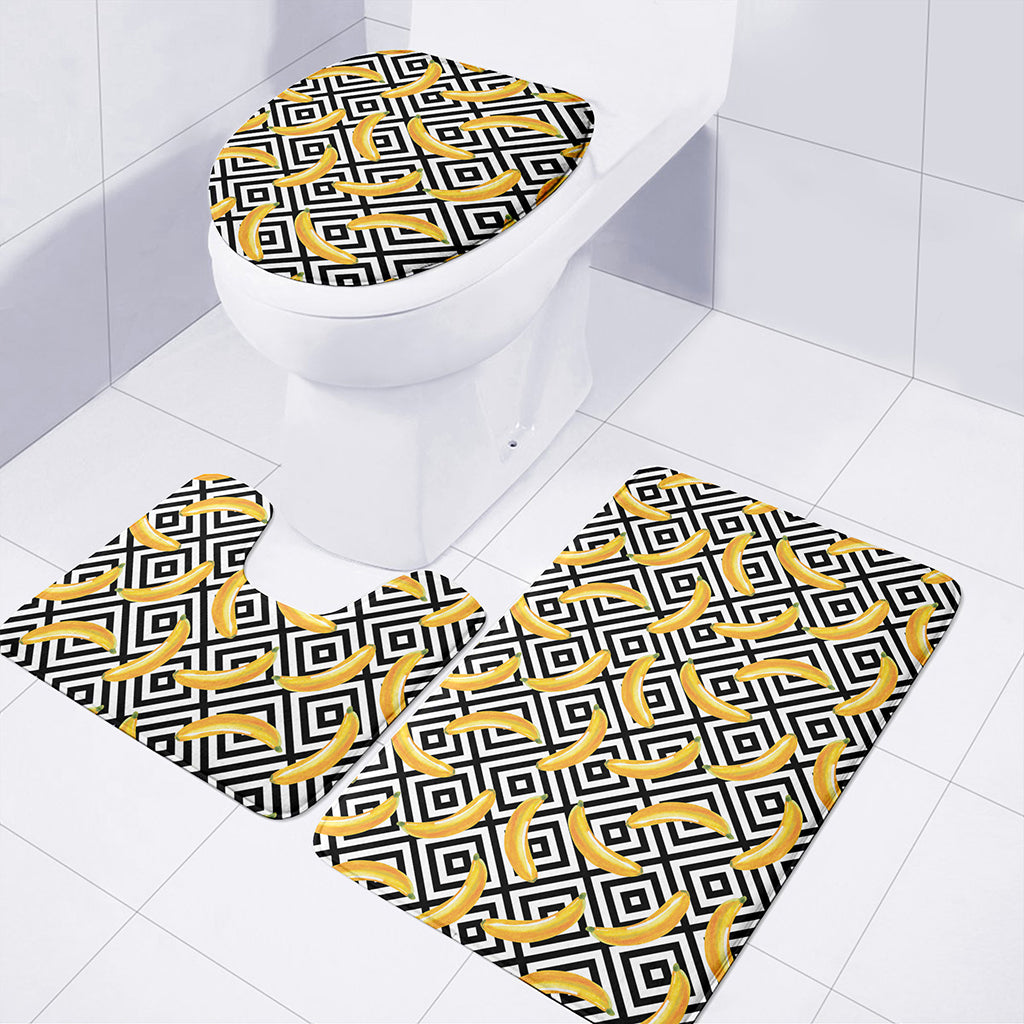 Black And White Geometric Banana Print 3 Piece Bath Mat Set