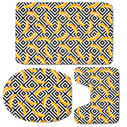 Black And White Geometric Banana Print 3 Piece Bath Mat Set