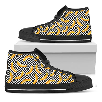 Black And White Geometric Banana Print Black High Top Shoes