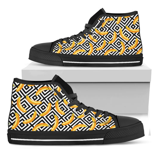 Black And White Geometric Banana Print Black High Top Shoes
