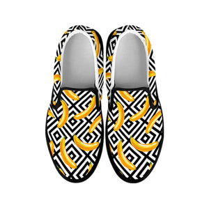 Black And White Geometric Banana Print Black Slip On Shoes