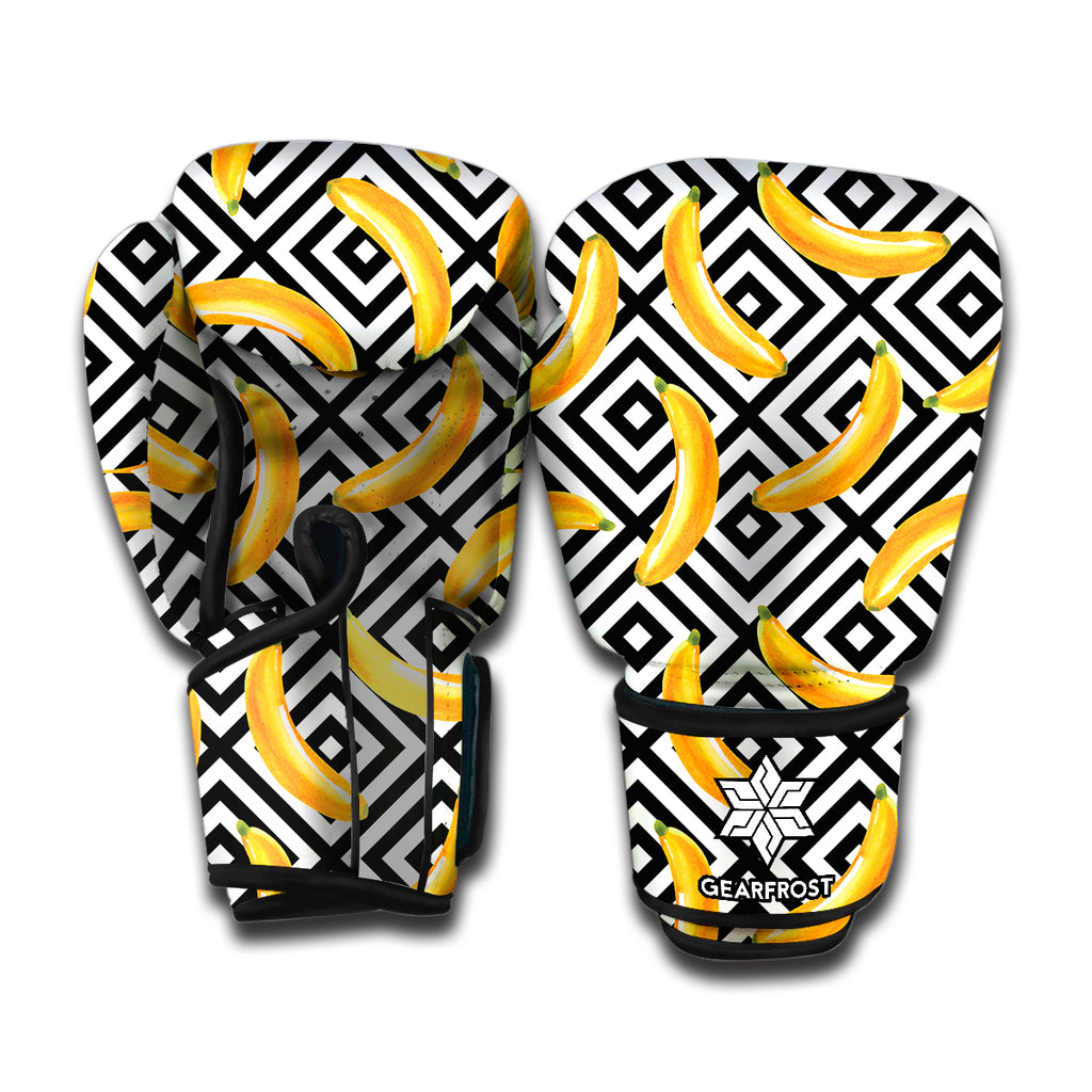 Black And White Geometric Banana Print Boxing Gloves