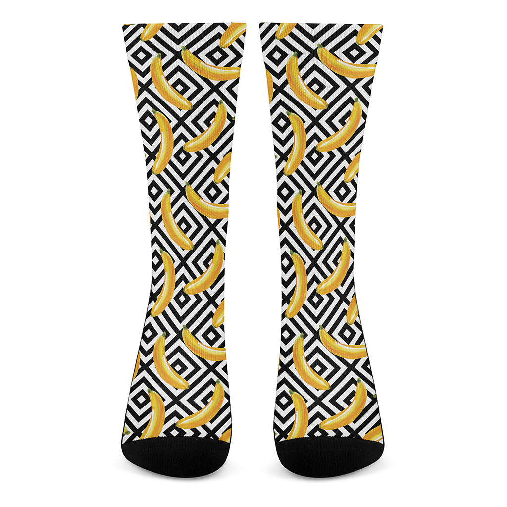 Black And White Geometric Banana Print Crew Socks