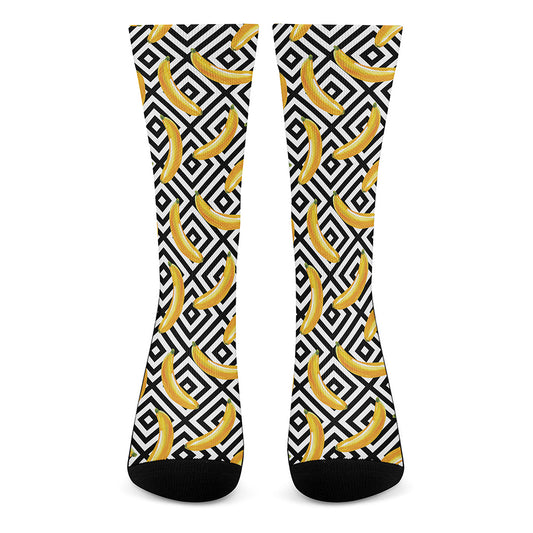 Black And White Geometric Banana Print Crew Socks