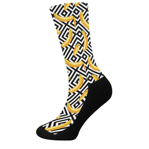 Black And White Geometric Banana Print Crew Socks