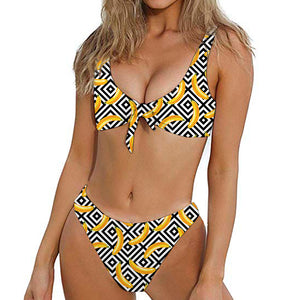 Black And White Geometric Banana Print Front Bow Tie Bikini