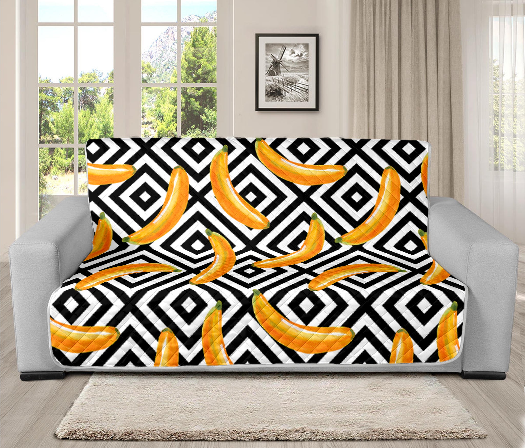 Black And White Geometric Banana Print Futon Protector