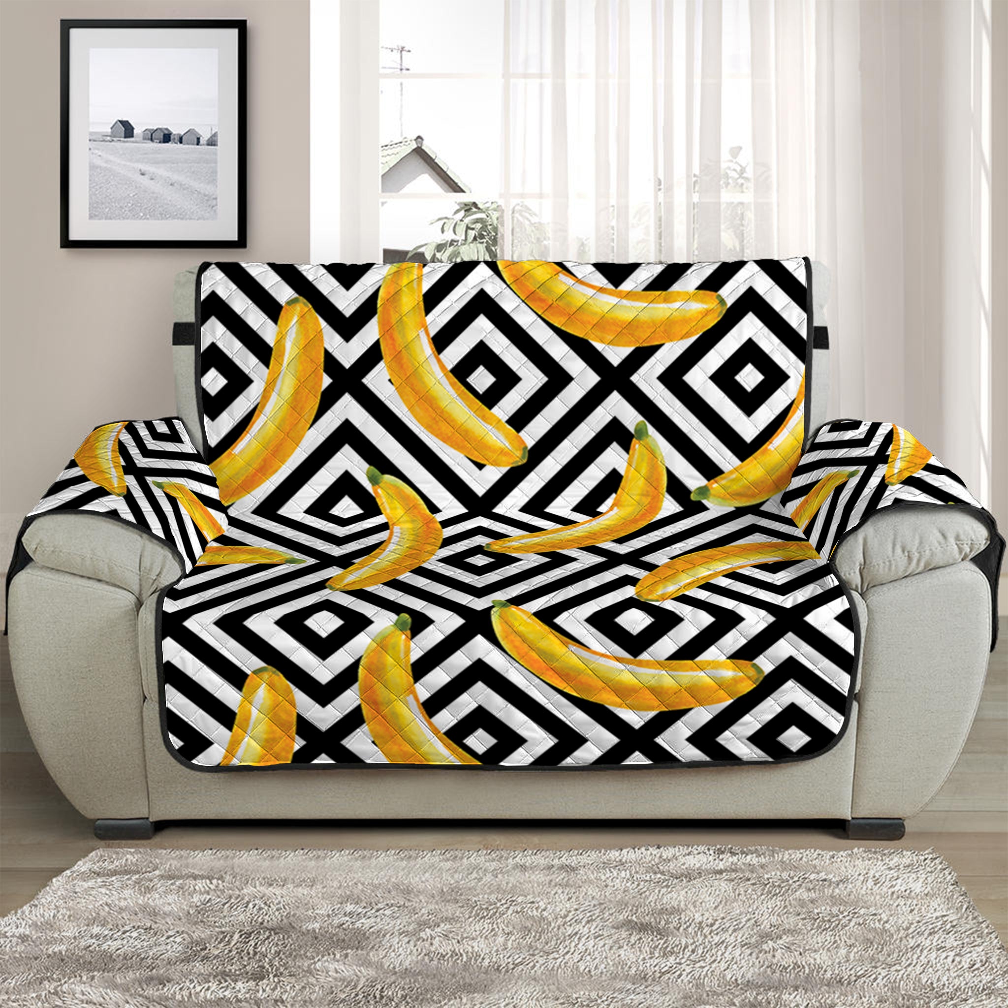 Black And White Geometric Banana Print Half Sofa Protector