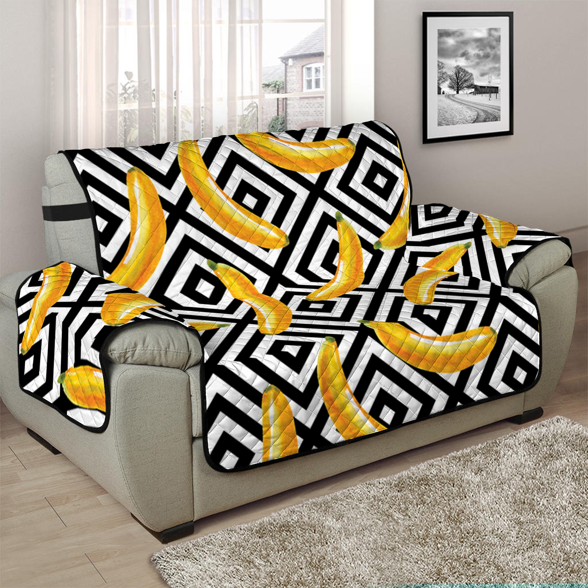 Black And White Geometric Banana Print Half Sofa Protector