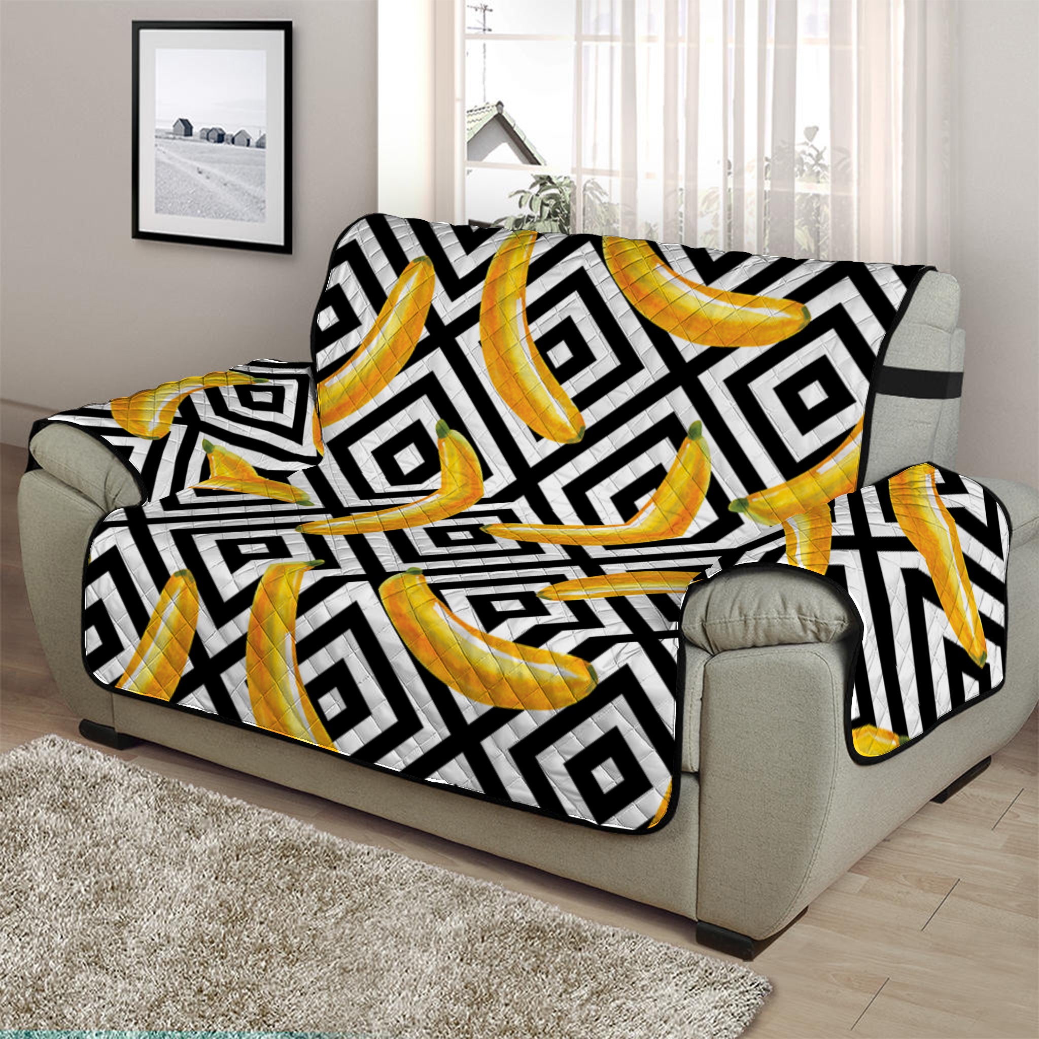 Black And White Geometric Banana Print Half Sofa Protector