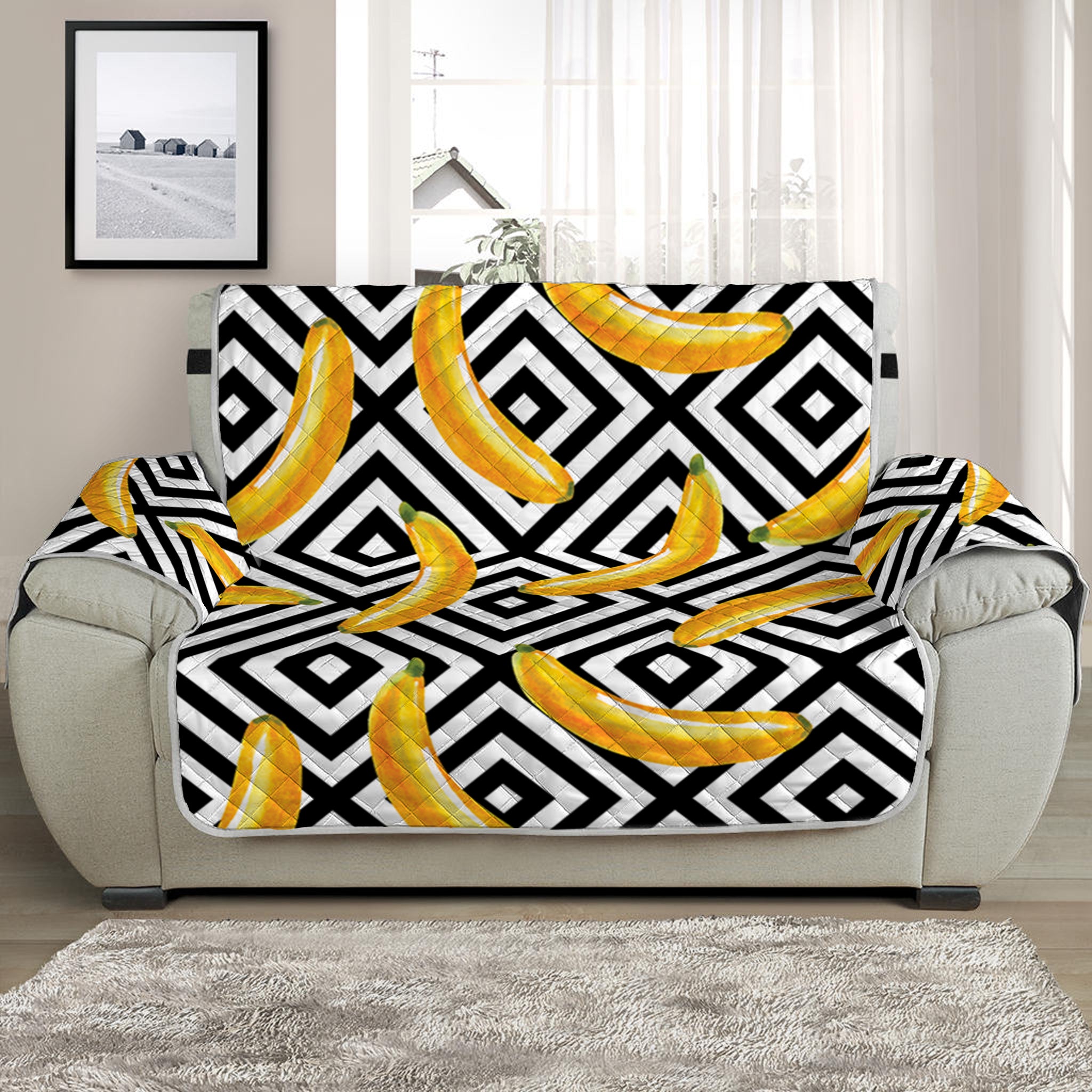 Black And White Geometric Banana Print Half Sofa Protector