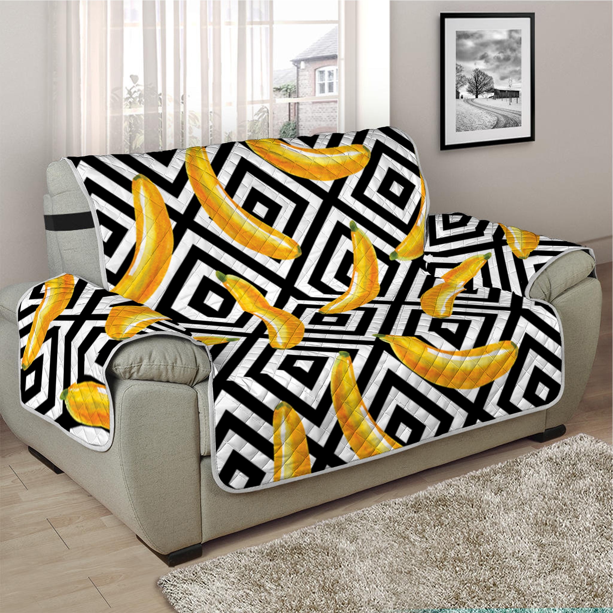 Black And White Geometric Banana Print Half Sofa Protector