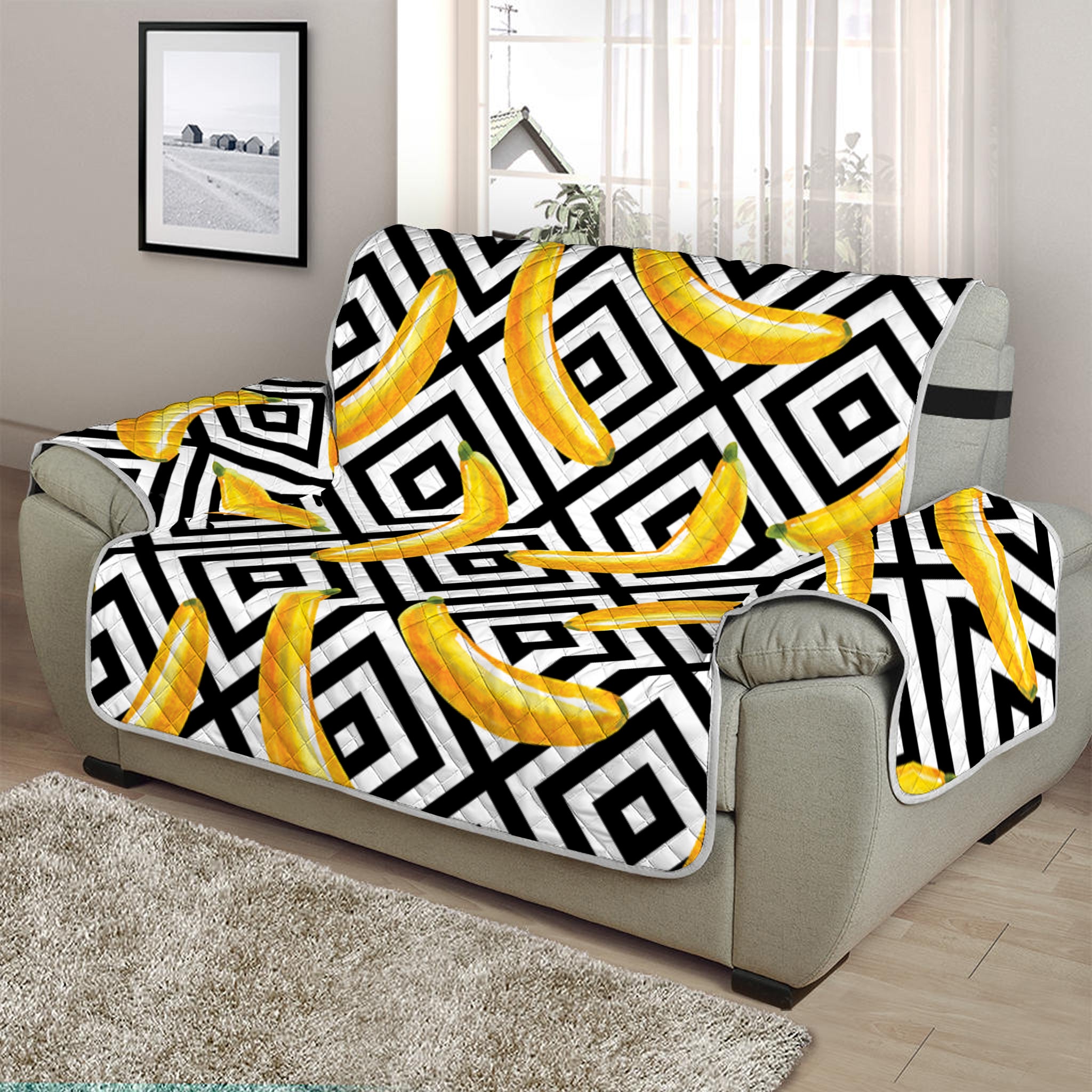 Black And White Geometric Banana Print Half Sofa Protector