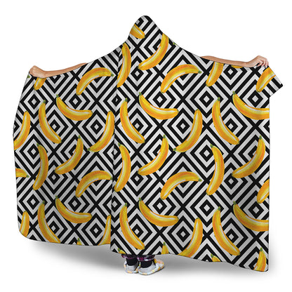 Black And White Geometric Banana Print Hooded Blanket