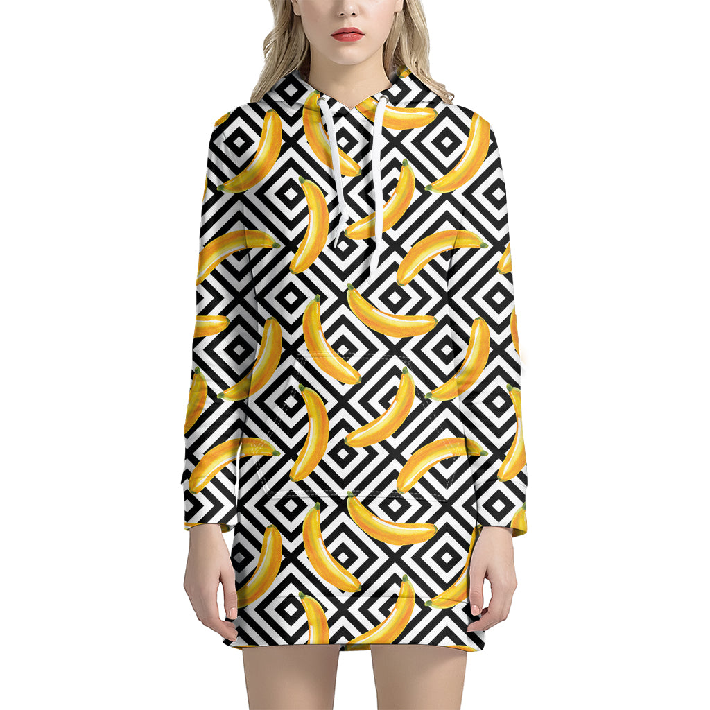 Black And White Geometric Banana Print Hoodie Dress