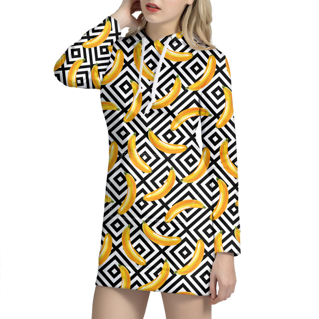 Black And White Geometric Banana Print Hoodie Dress