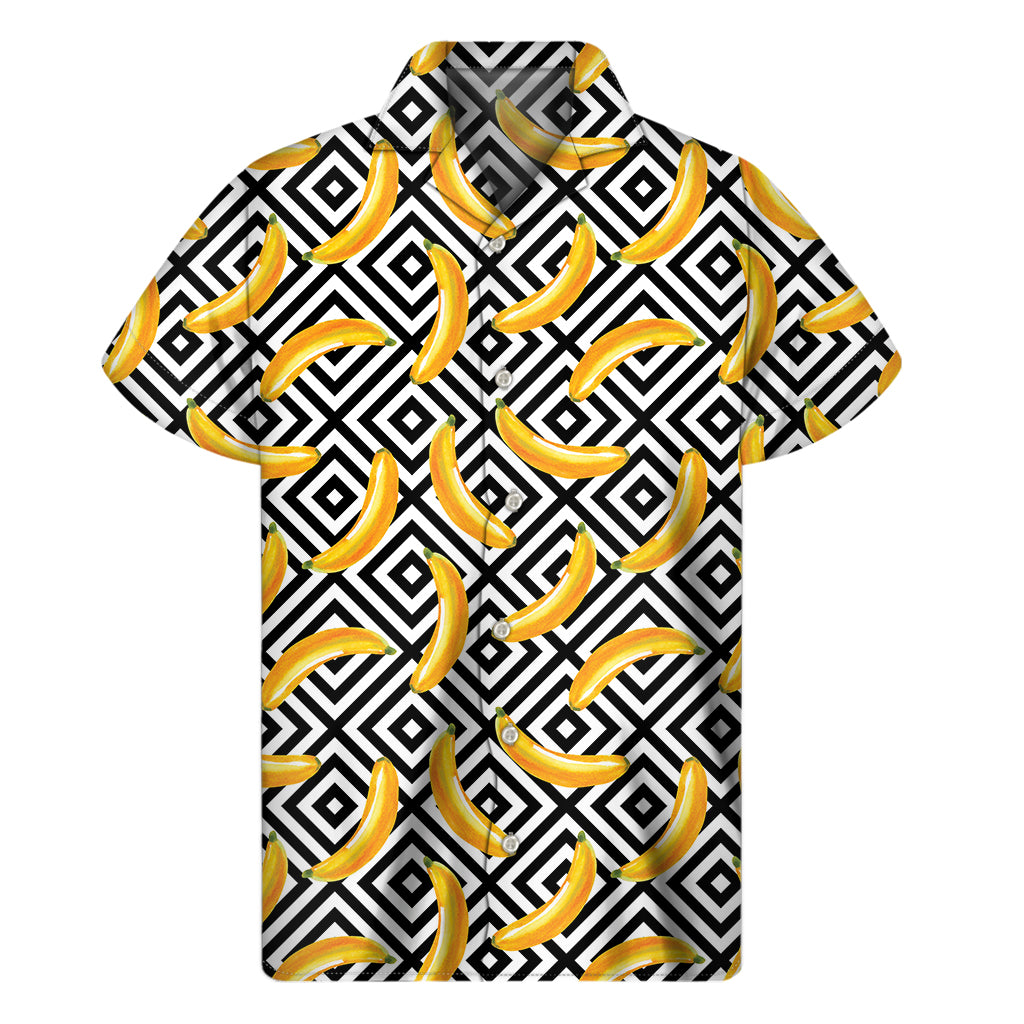 Black And White Geometric Banana Print Men's Short Sleeve Shirt