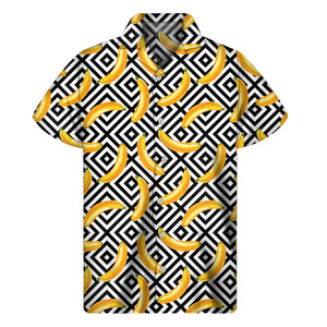 Black And White Geometric Banana Print Men's Short Sleeve Shirt