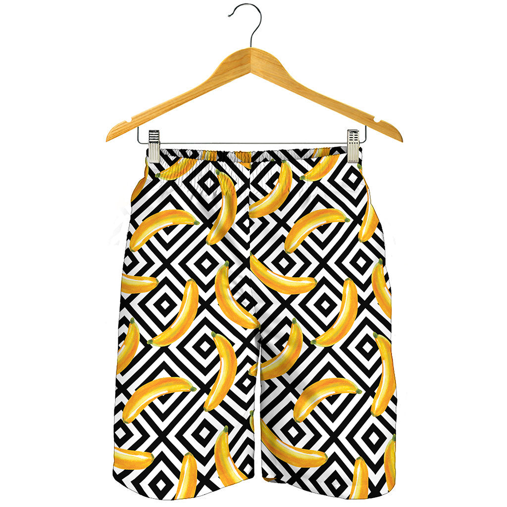 Black And White Geometric Banana Print Men's Shorts