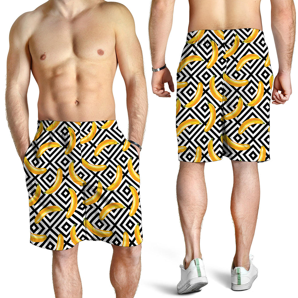 Black And White Geometric Banana Print Men's Shorts