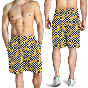 Black And White Geometric Banana Print Men's Shorts