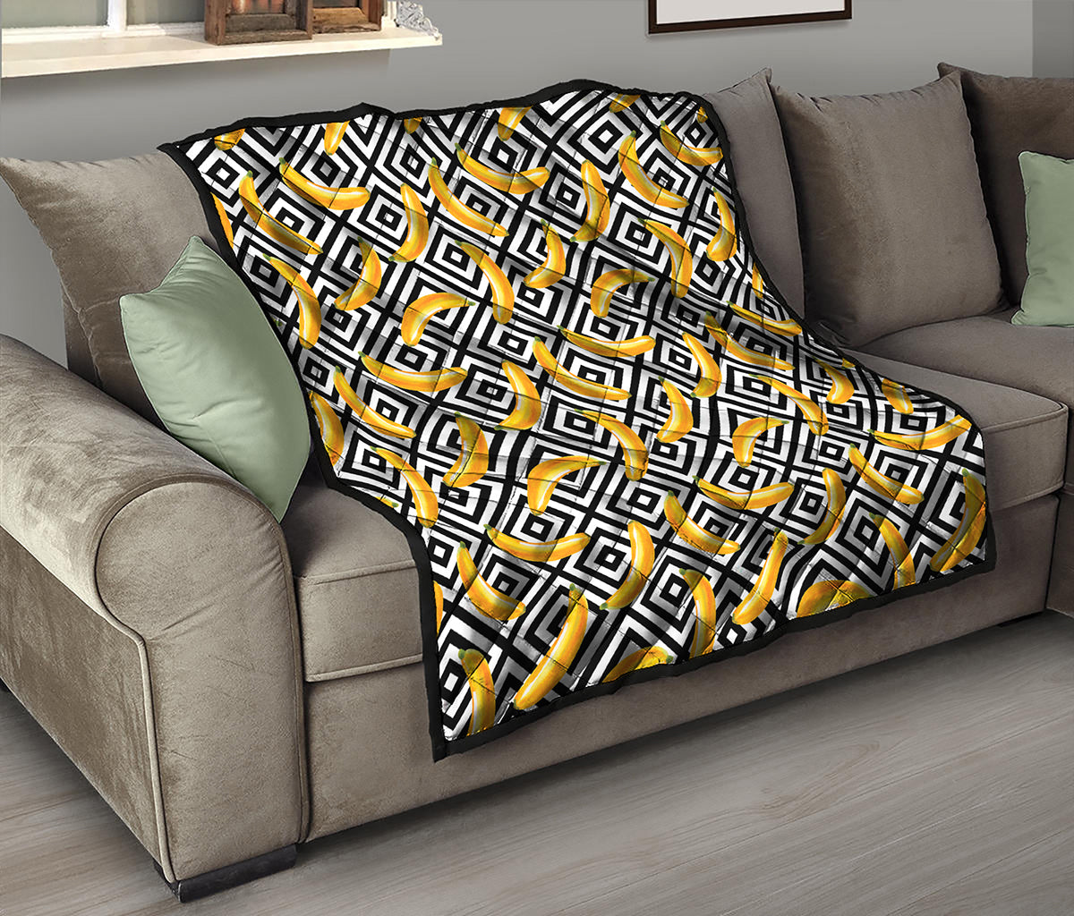 Black And White Geometric Banana Print Quilt