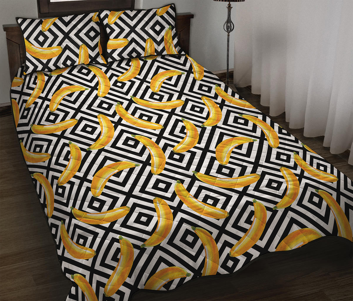 Black And White Geometric Banana Print Quilt Bed Set