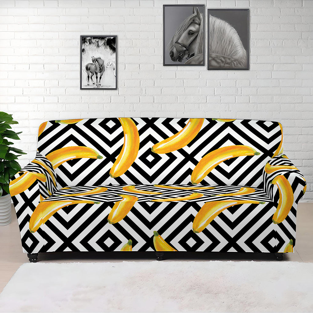 Black And White Geometric Banana Print Sofa Cover