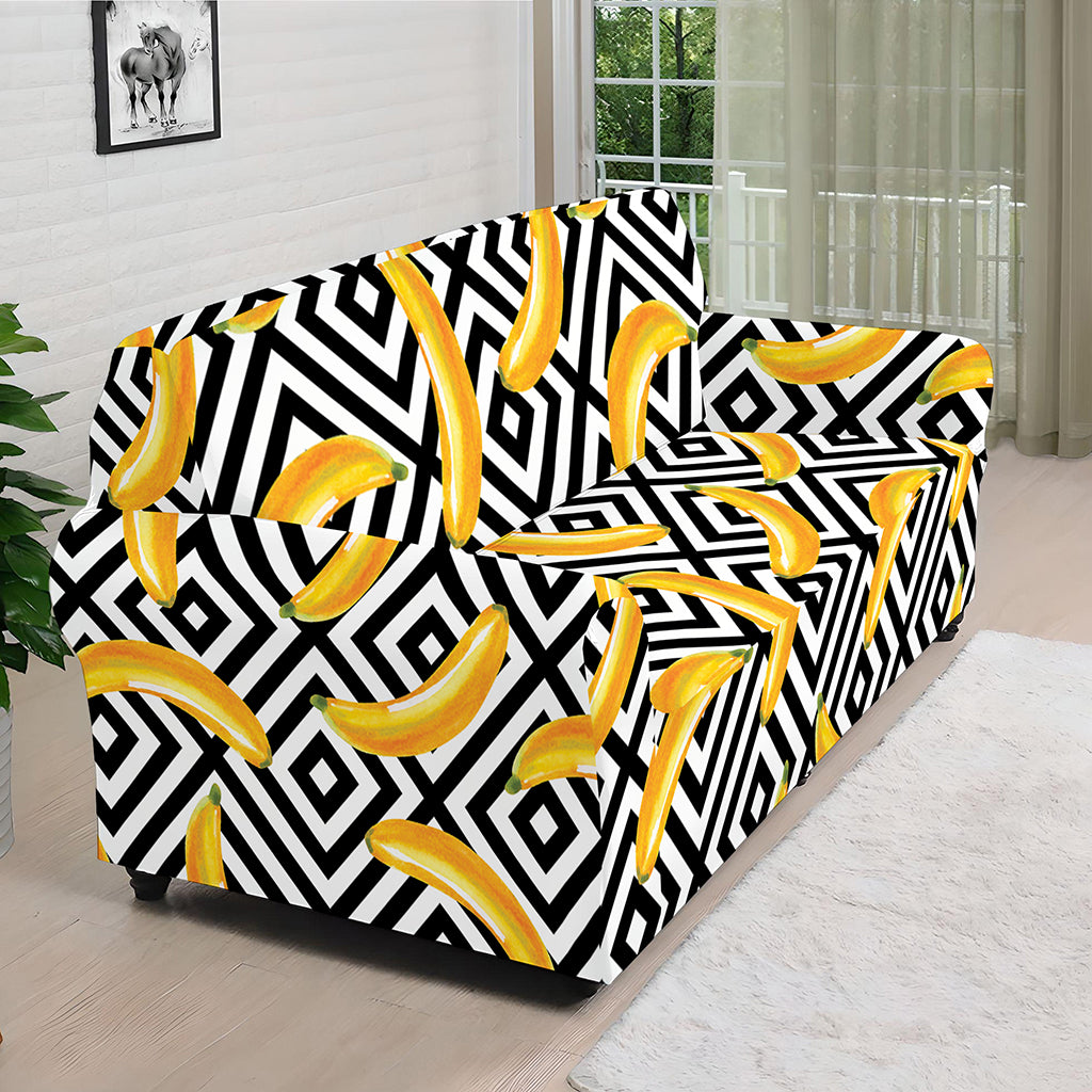 Black And White Geometric Banana Print Sofa Cover