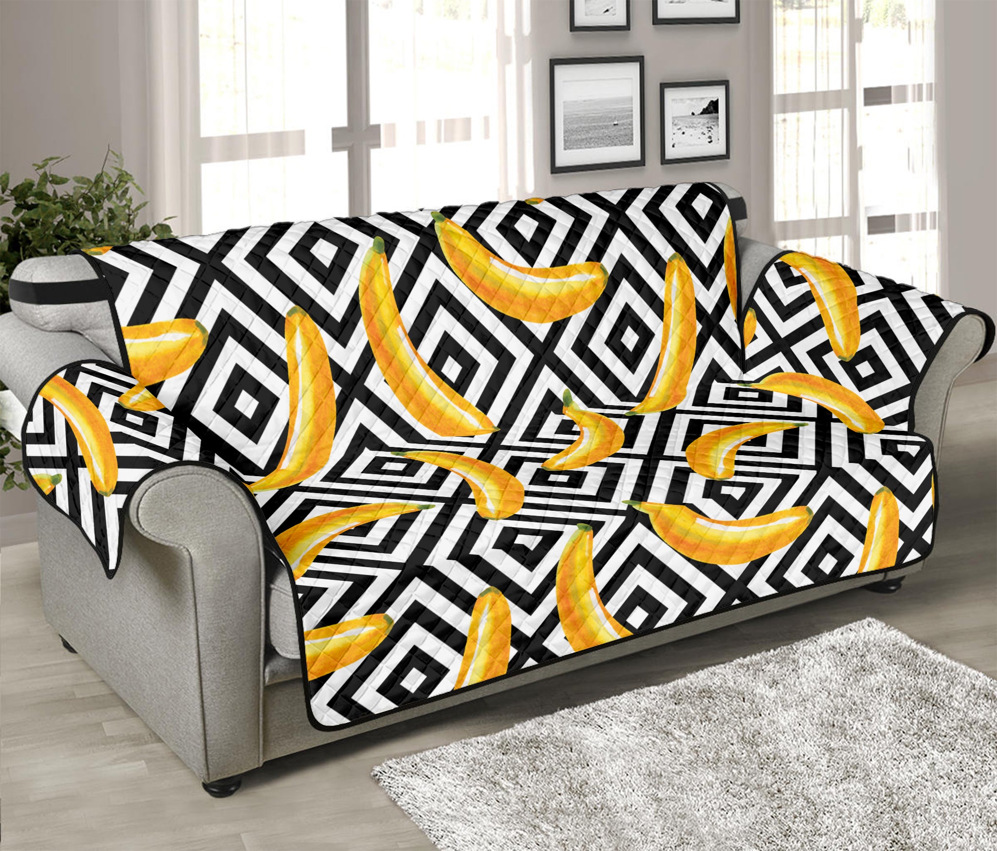 Black And White Geometric Banana Print Sofa Protector