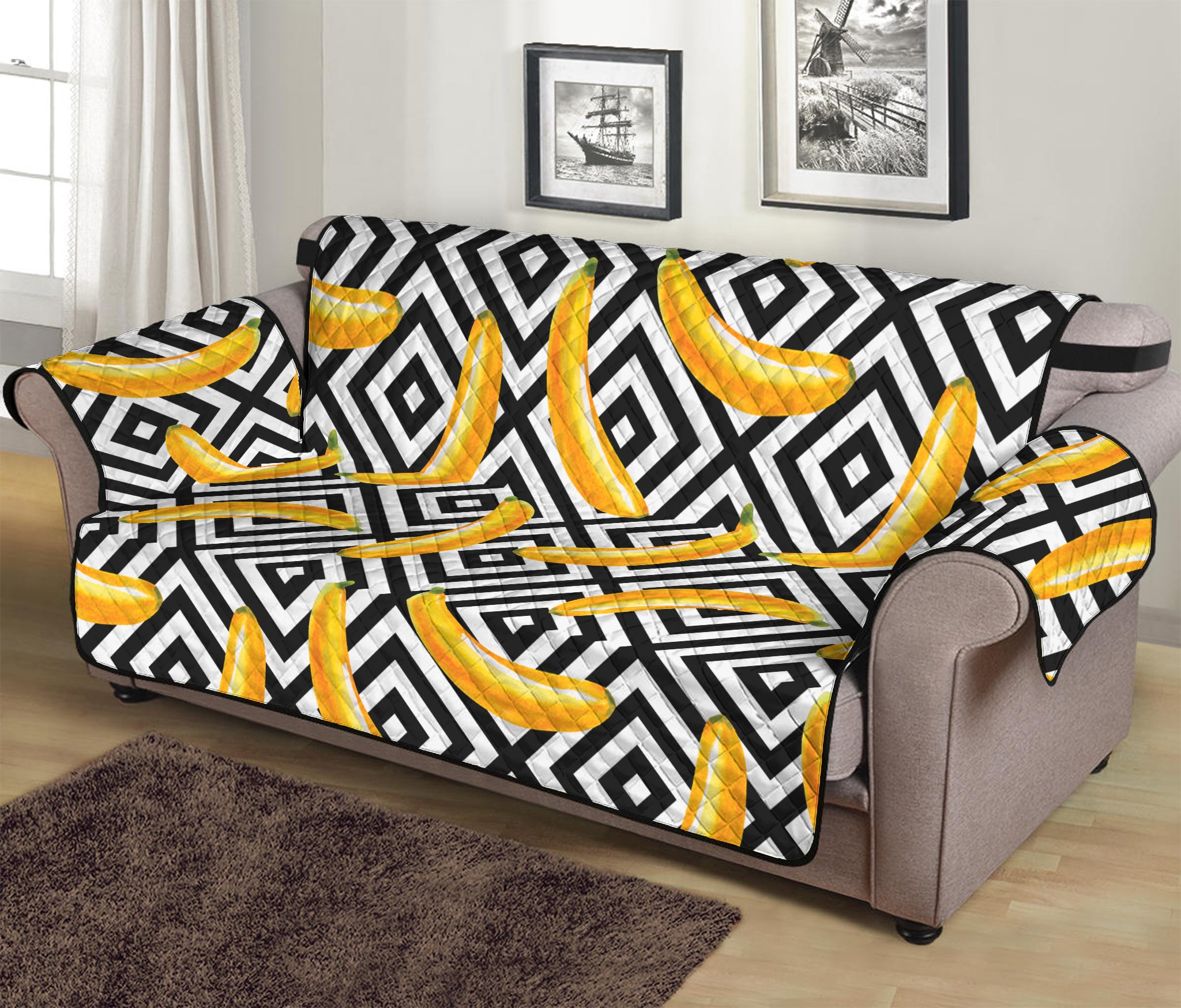 Black And White Geometric Banana Print Sofa Protector