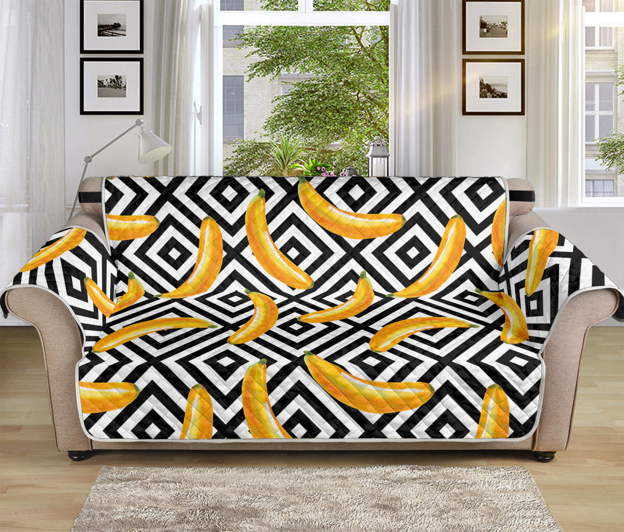 Black And White Geometric Banana Print Sofa Protector