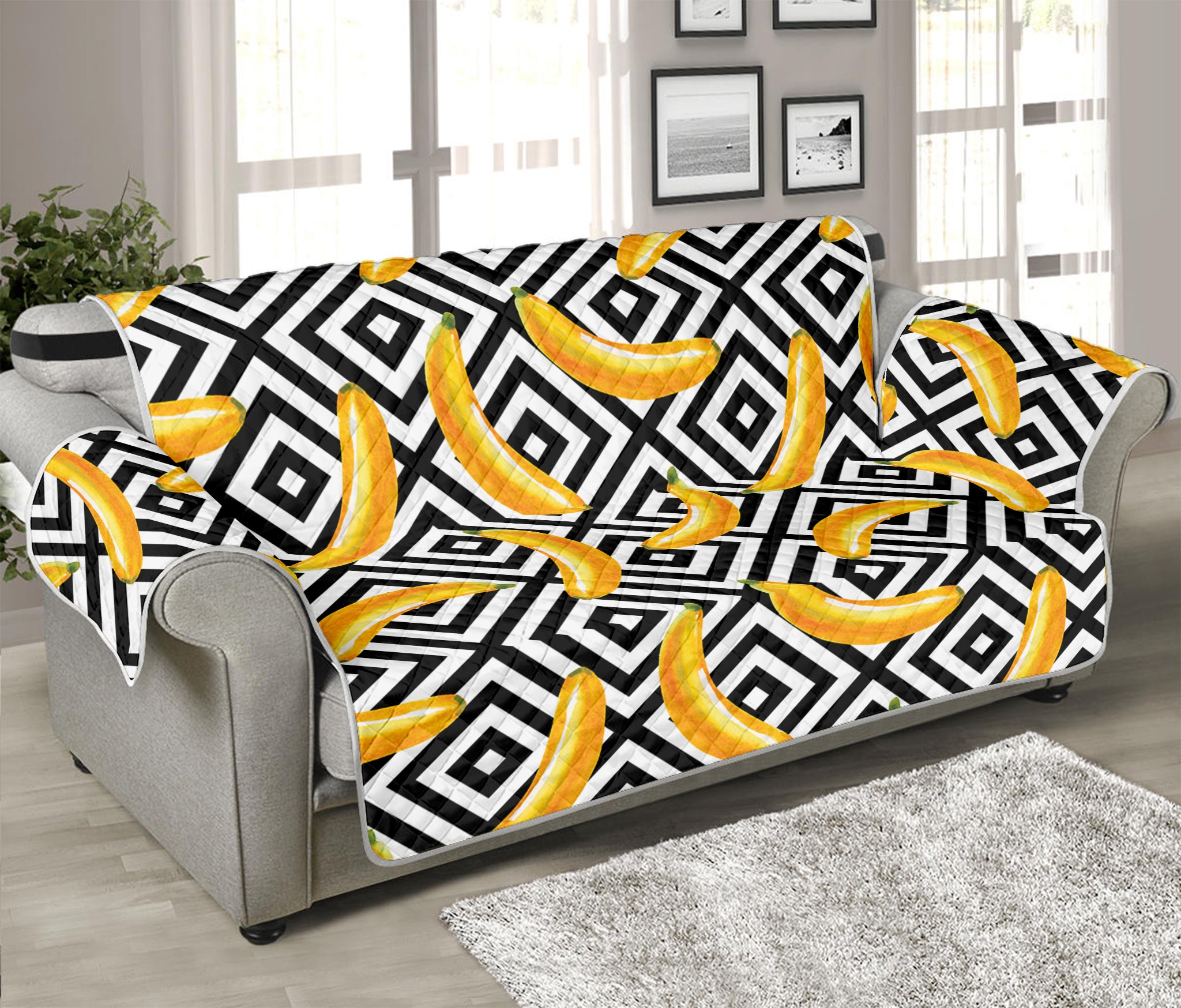 Black And White Geometric Banana Print Sofa Protector